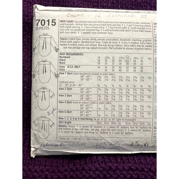 Simplicity sewing pattern 7015 Mens button down shirt size 42 - Picture 4 of 5